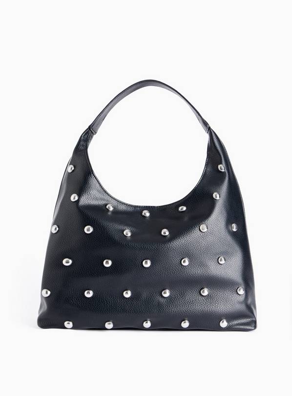 Black Faux Leather Studded Slouch Shoulder Bag One Size