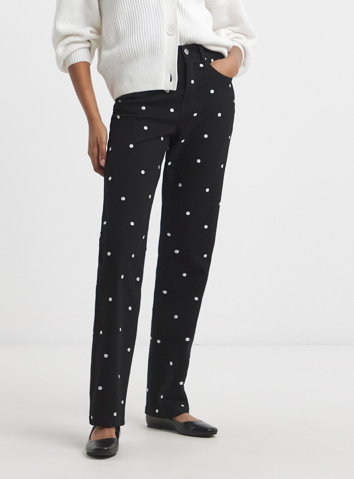 Black SIMPLY BE Mono Embroidered Spot Denim Wide Leg Jeans