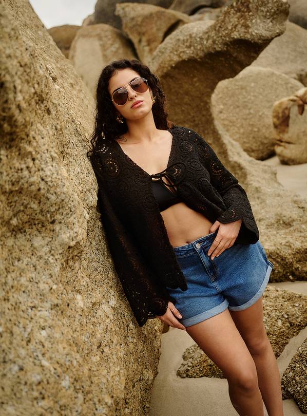 SIMPLY BE Black Crochet Tie Front Cardigan 24-26