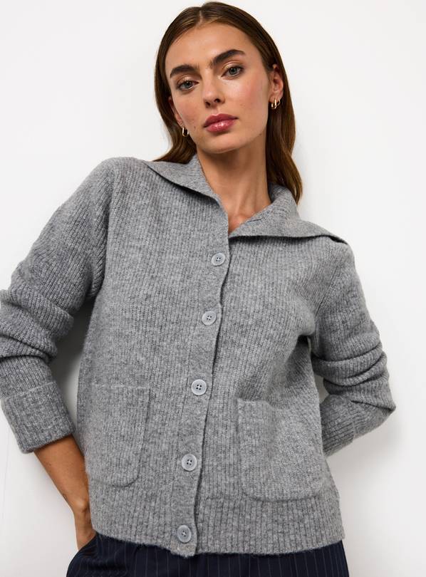 Grey Ribbed Collared Fisherman Cardigan XS