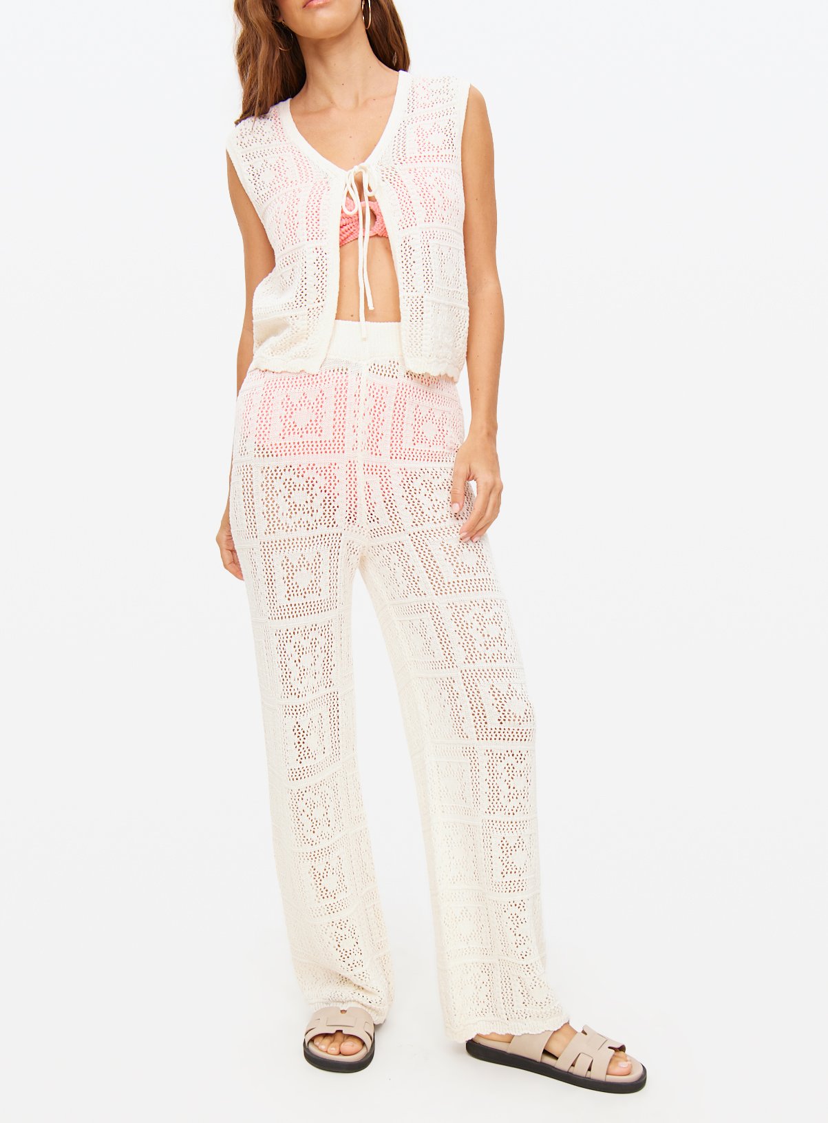 Cream Patchwork Pointelle Wide Leg Trousers  L - Image 3 thumbnail