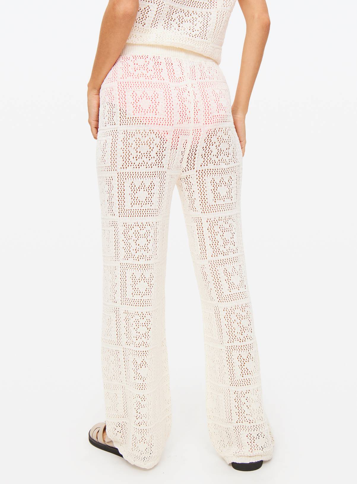 Cream Patchwork Pointelle Wide Leg Trousers  L - Image 4