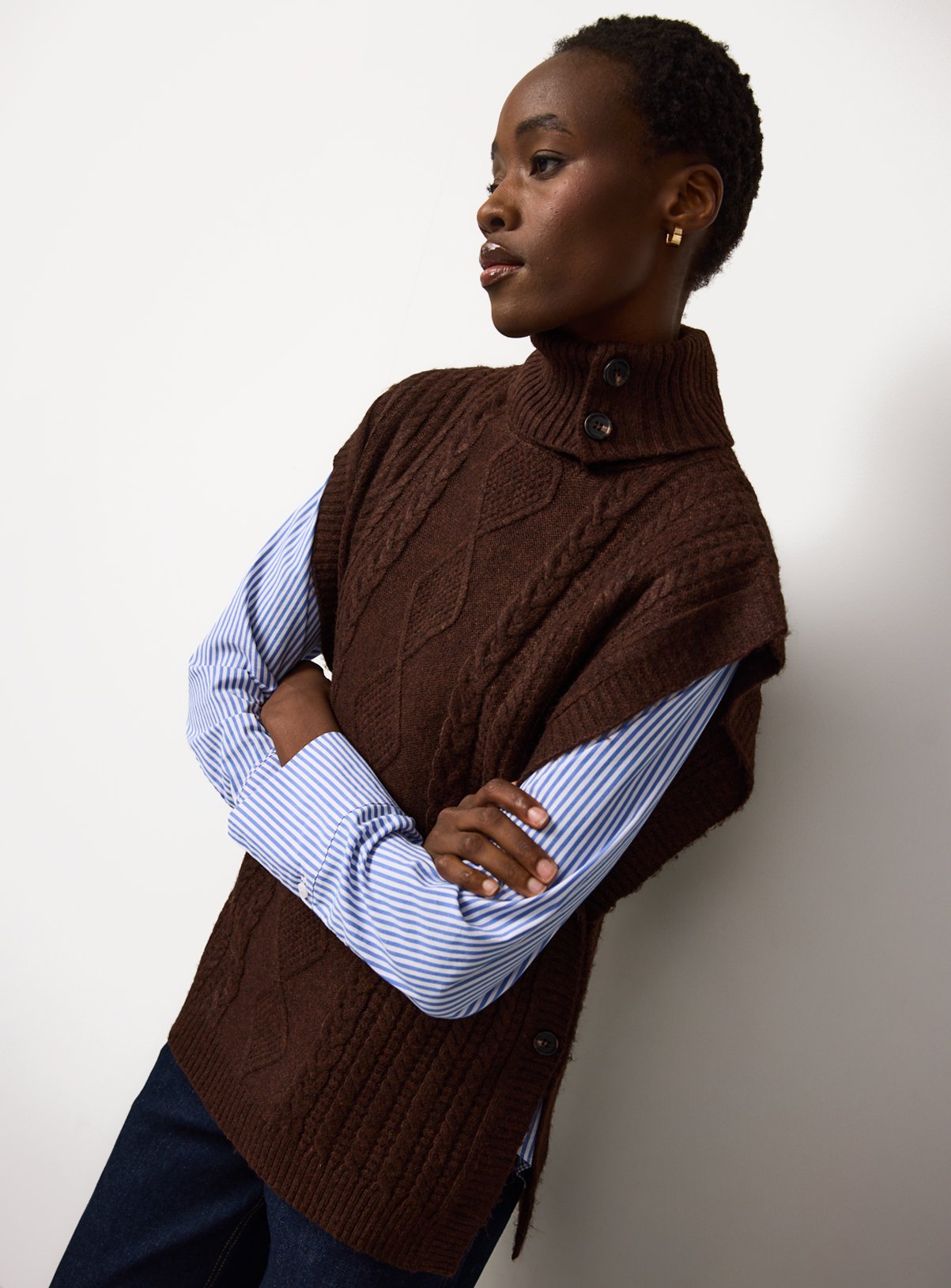 Brown Cable Knit Roll Neck Cape M - Image 2 thumbnail