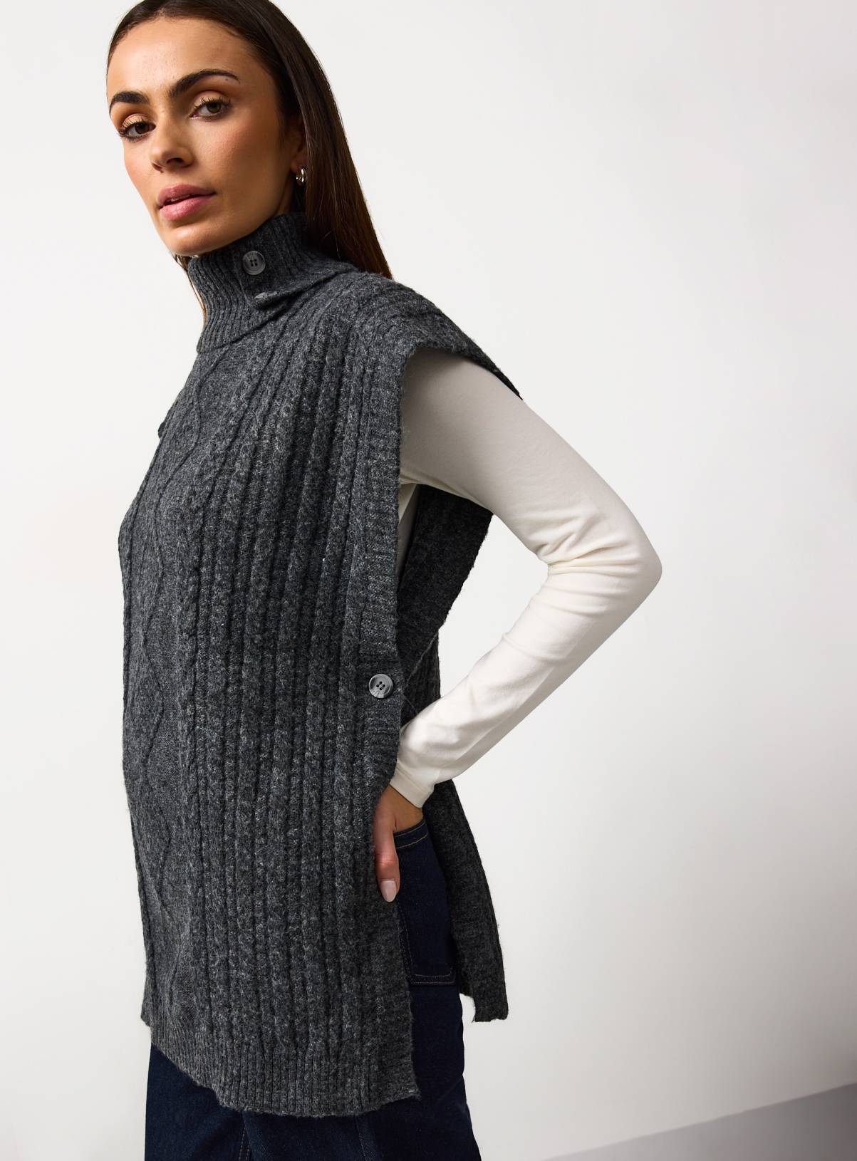 Charcoal Cable Knit Roll Neck Cape S - Image 1
