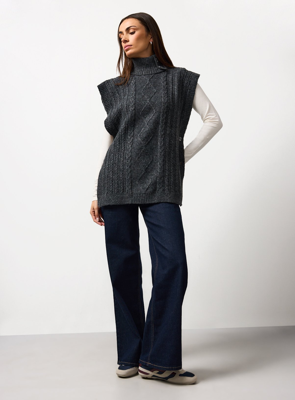 Charcoal Cable Knit Roll Neck Cape S - Image 2 thumbnail