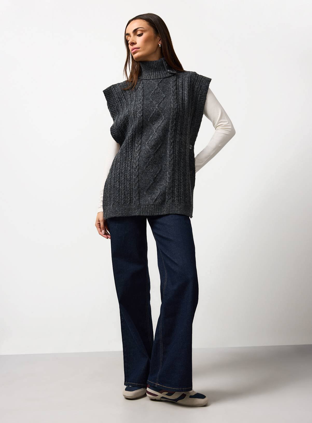 Charcoal Cable Knit Roll Neck Cape S - Image 2