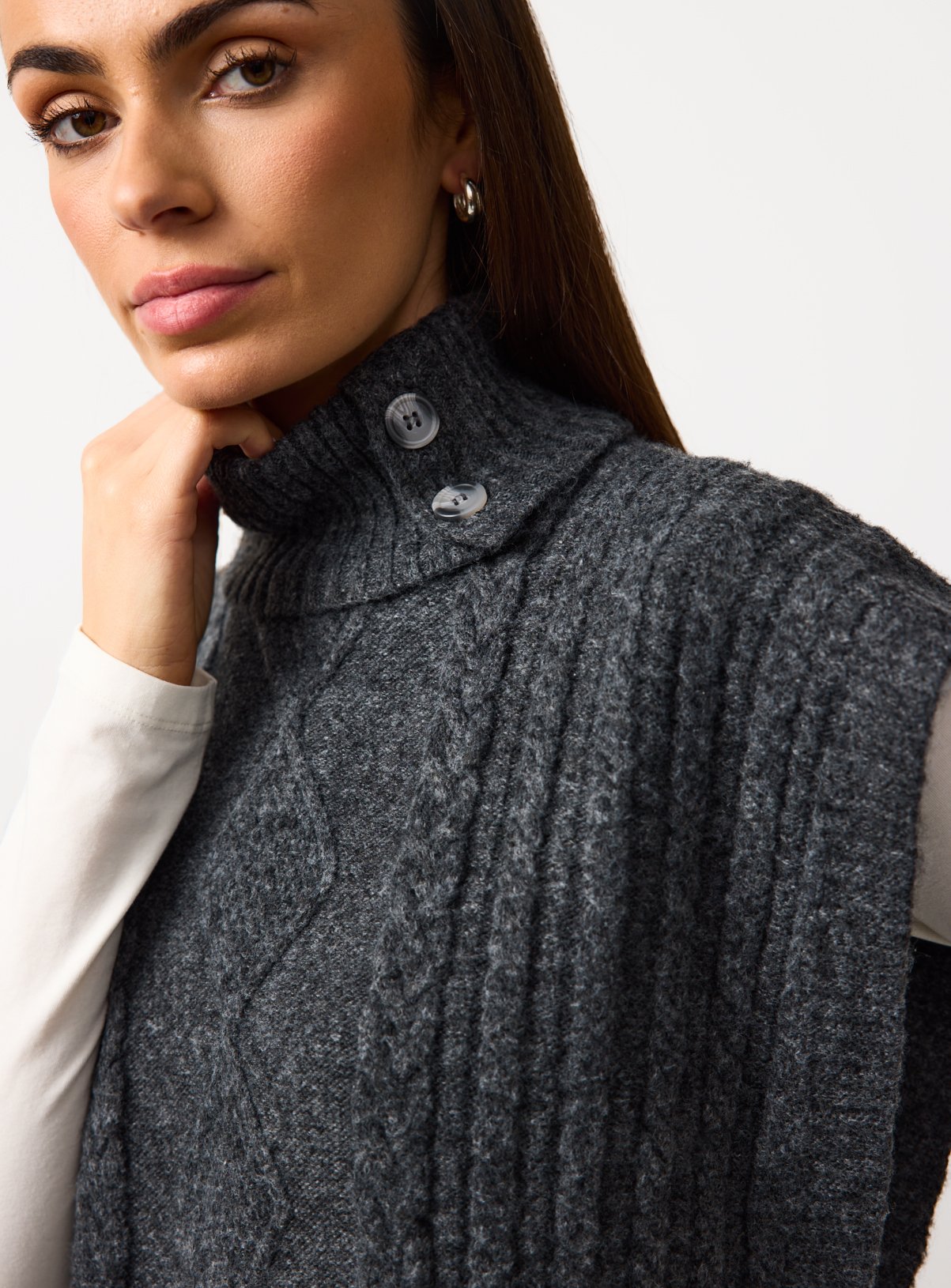 Charcoal Cable Knit Roll Neck Cape S - Image 3 thumbnail