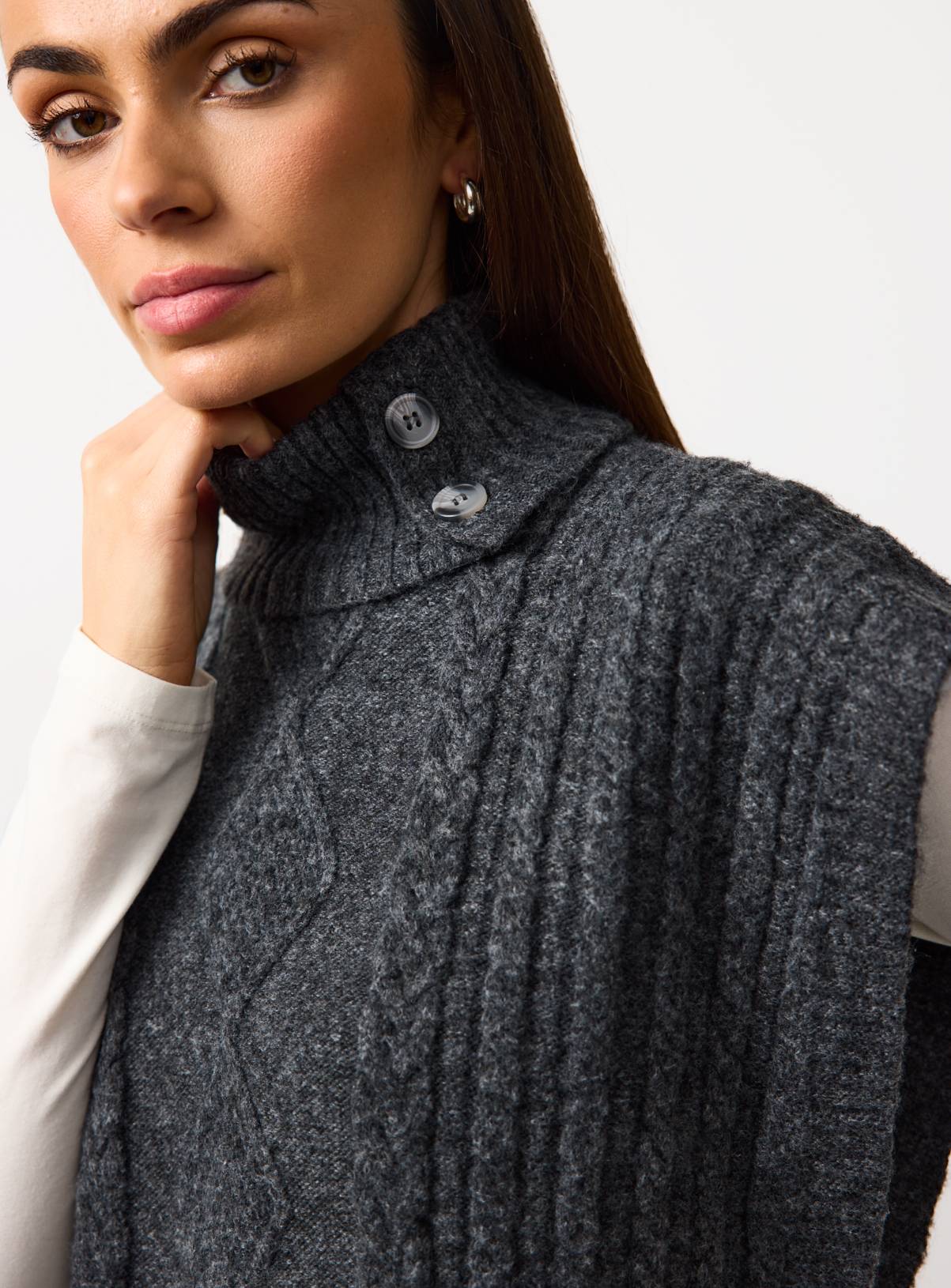 Charcoal Cable Knit Roll Neck Cape S - Image 3