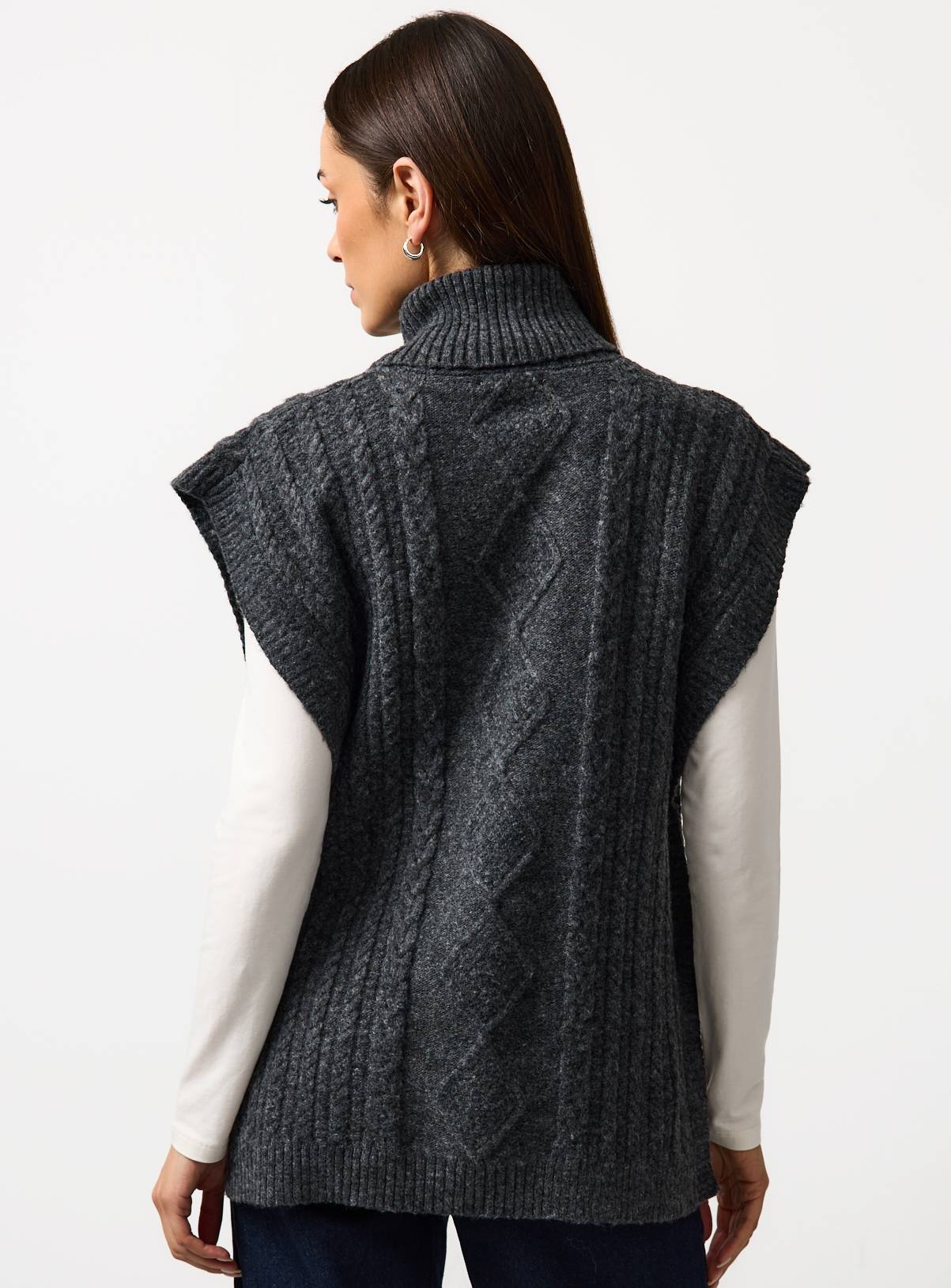 Charcoal Cable Knit Roll Neck Cape S - Image 4