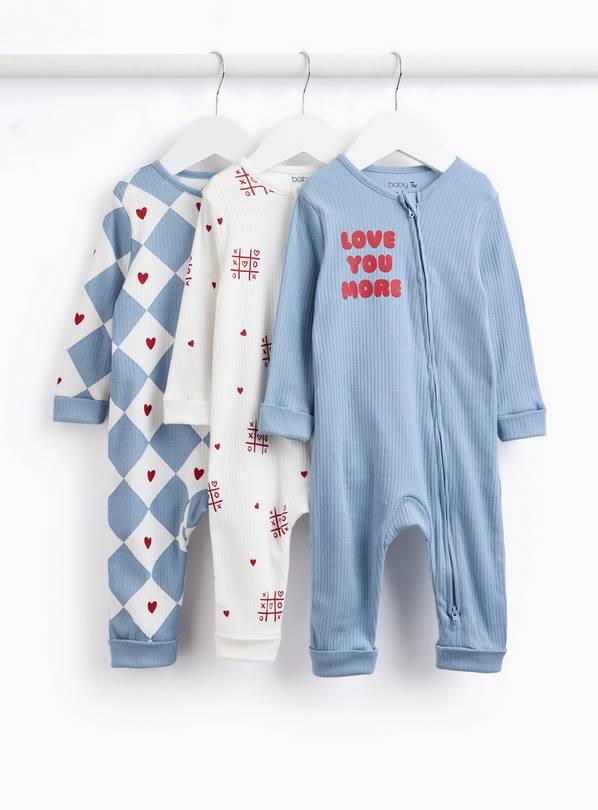 Valentine's Print Two-Way Zip Sleepsuits 3 Pack 3-6 months