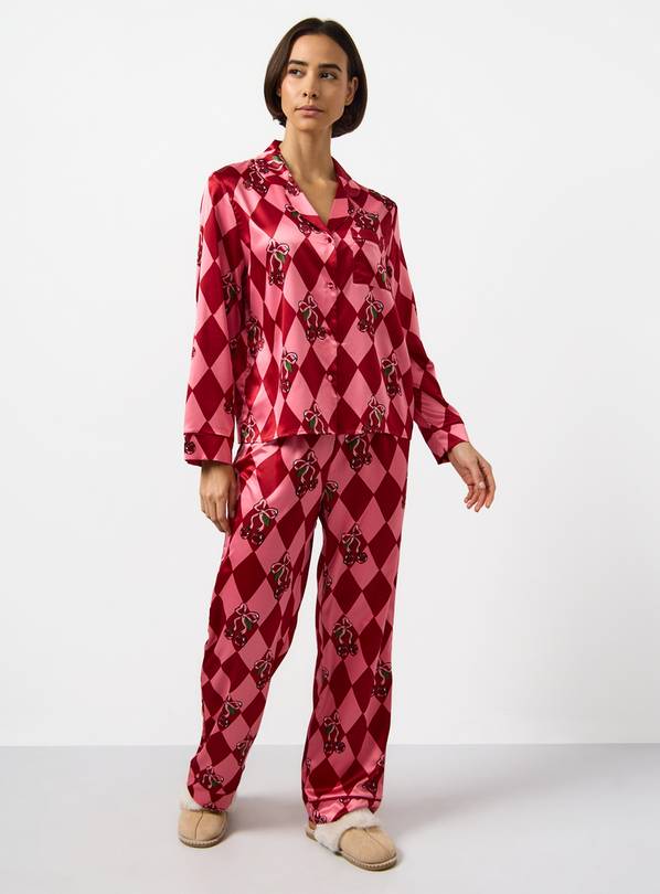 Pink Christmas Harlequin Cherry Printed Satin Pyjamas & Eye Mask 22