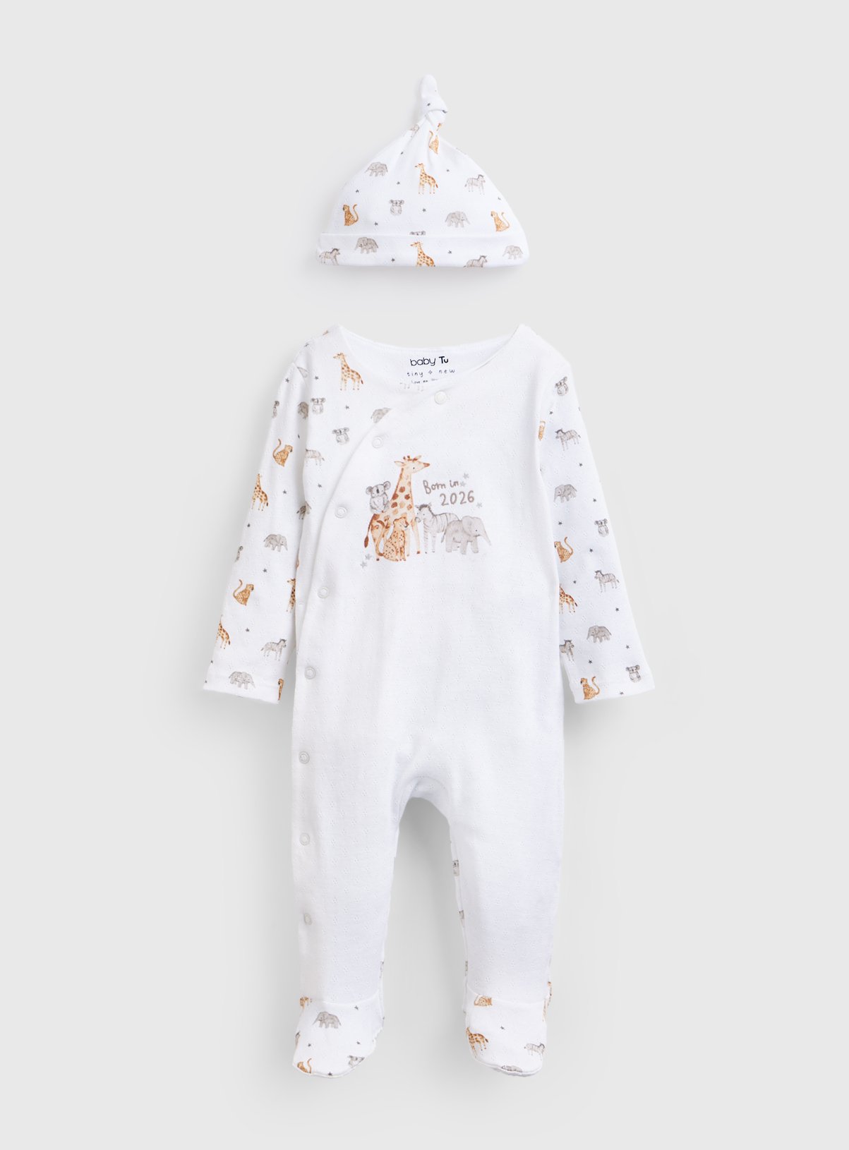 White White Safari Animals Sleepsuit & Hat Set - Tu by Sainsbury's
