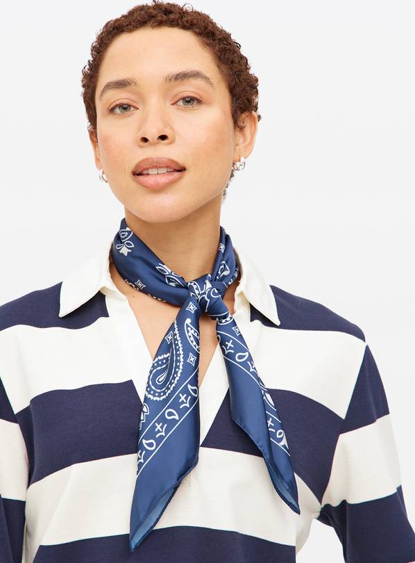 Navy Paisley Printed Satin Scarf One Size