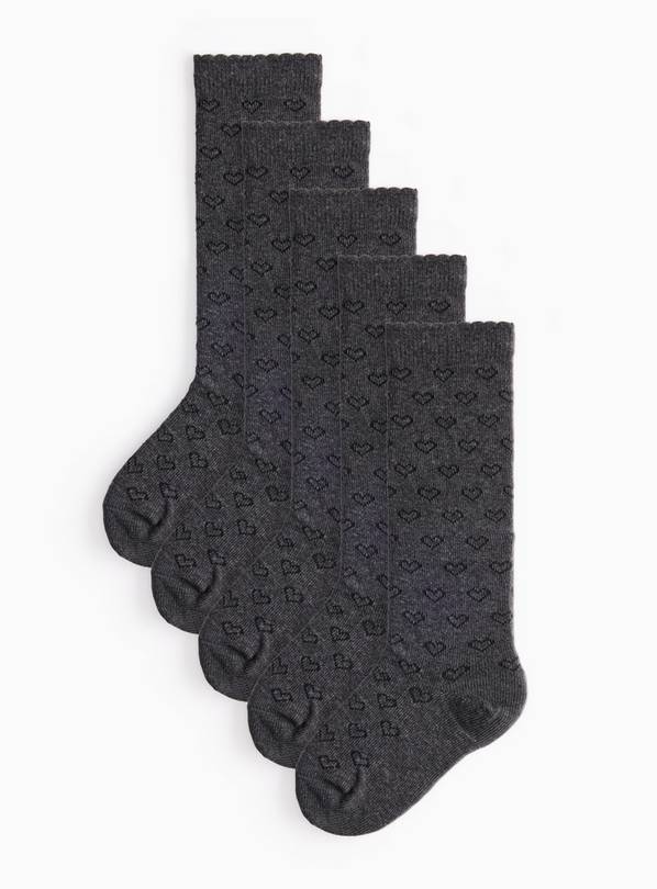 Grey Heart Print Knee High Socks 5 Pack 4-5.5