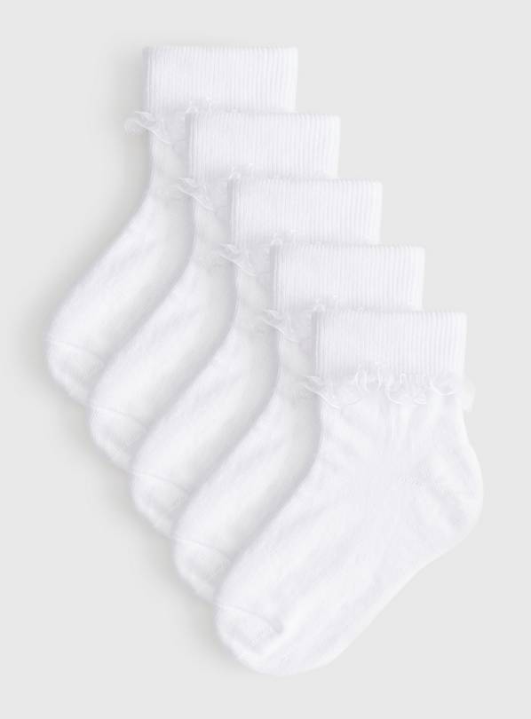 White Turn Over Top Organza Trim Ankle Socks 5 Pack  12.5-3.5