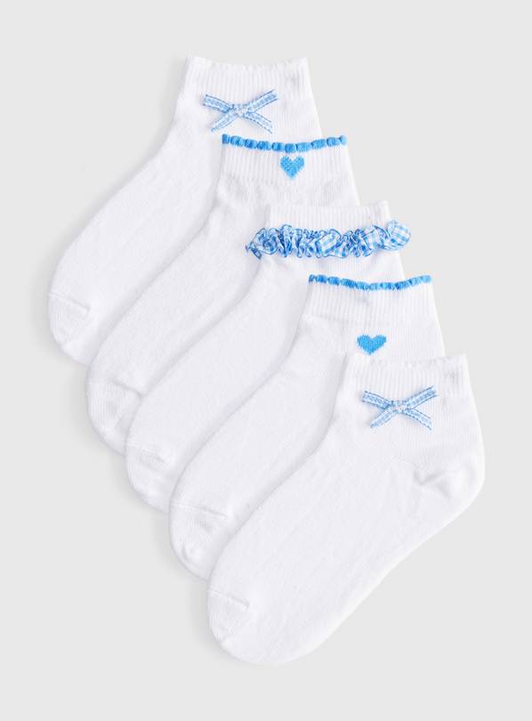 White Blue Gingham Frill Detail Ankle Socks 12.5-3.5