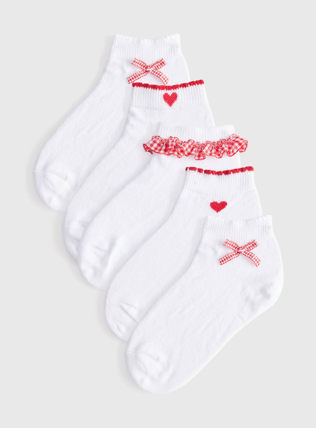 White Red Gingham Frill Detail Ankle Socks 5 Pack 6-8.5 Infant - Image 1