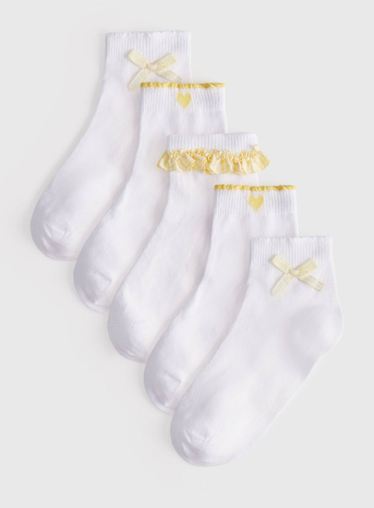White Yellow Gingham Frill Detail Ankle Socks 5 Pack 4-5.5 - Image 1