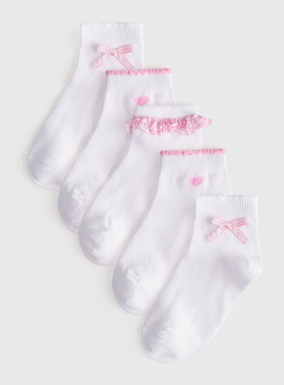 White Pink Gingham Frill Detail Ankle Socks 5 Pack 6-8.5 Infant - Image 1