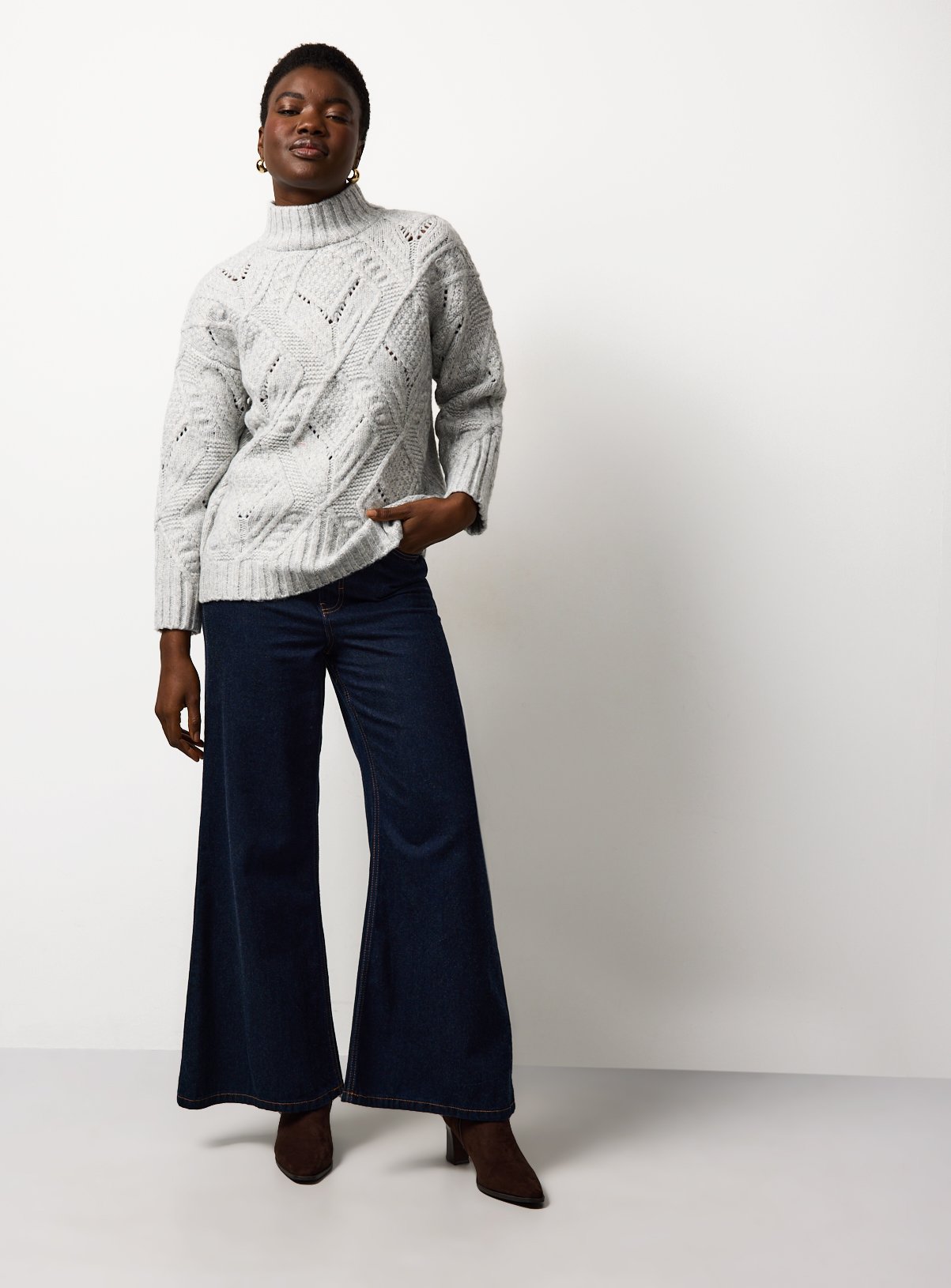 Grey Funnel Neck Cable Knit Jumper L - Image 2 thumbnail