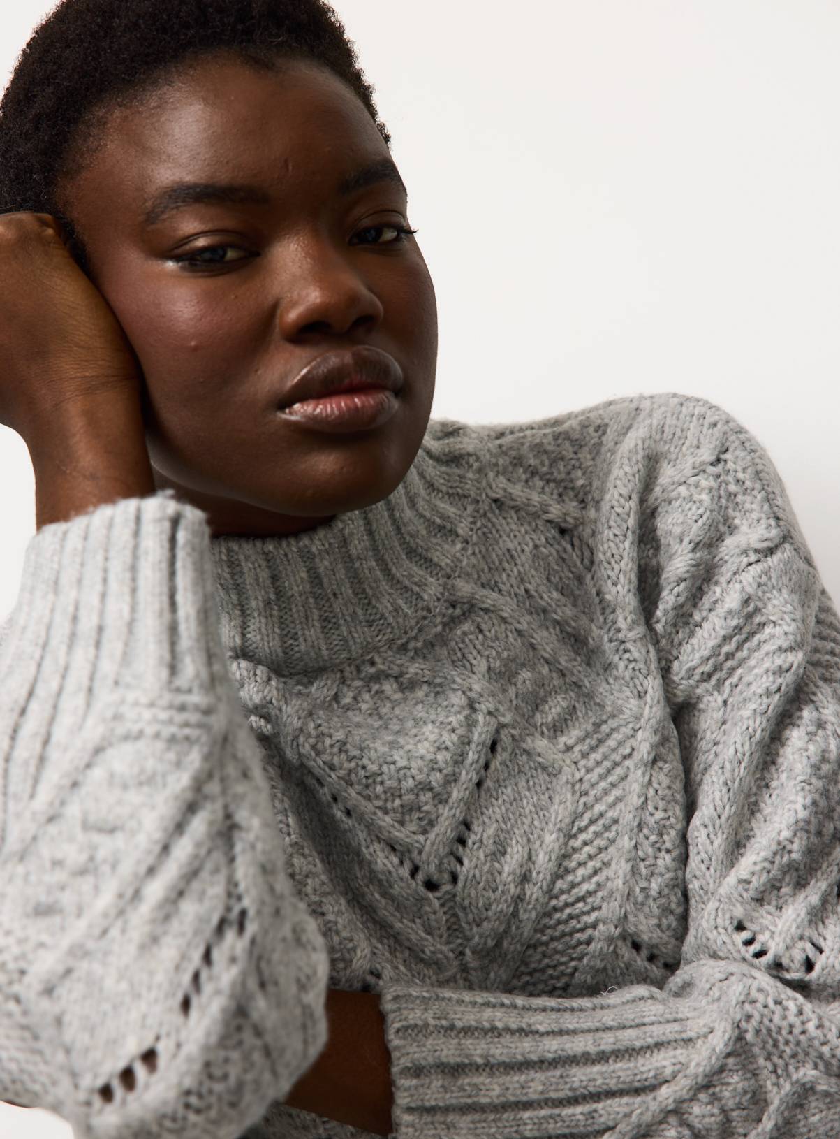 Grey Funnel Neck Cable Knit Jumper L - Image 3