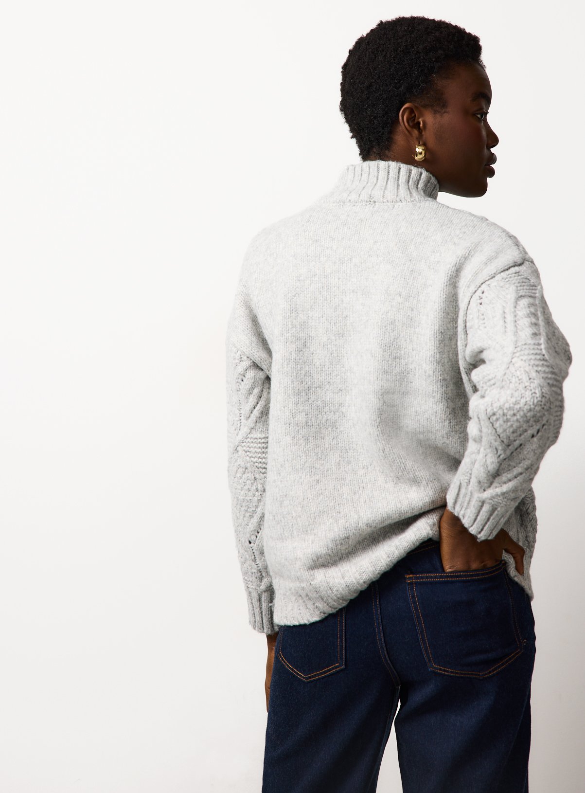 Grey Funnel Neck Cable Knit Jumper L - Image 4 thumbnail