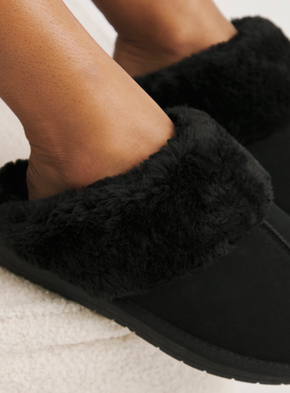 SIMPLY BE Black Faux Fur Lined Suede Mule Slipper Wide Fit 5 - Image 3 thumbnail