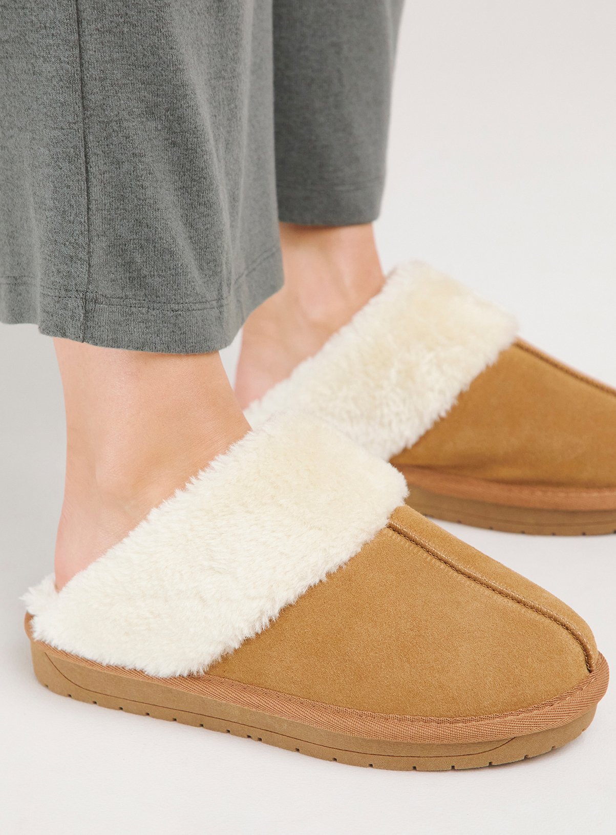 SIMPLY BE Tan Faux Fur Lined Suede Mule Slipper Wide Fit 7 - Image 4 thumbnail