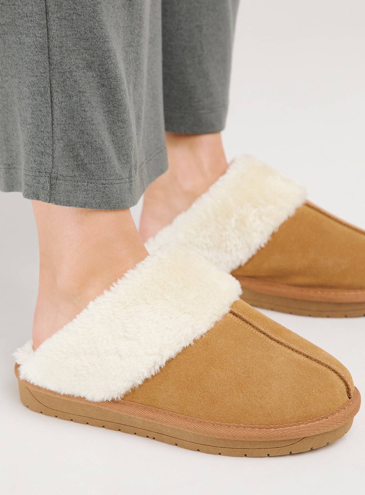 SIMPLY BE Tan Faux Fur Lined Suede Mule Slipper Wide Fit 7 - Image 4