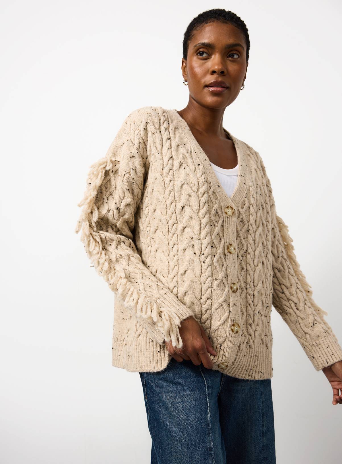 Neutral Fringed Sleeve Knitted Cardigan 10 - Image 1