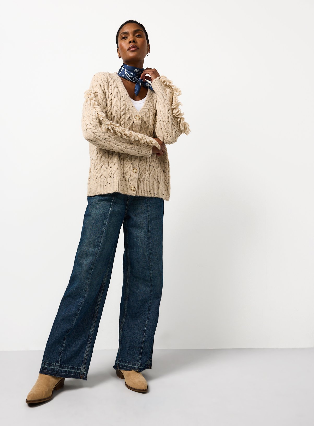 Neutral Fringed Sleeve Knitted Cardigan 10 - Image 3 thumbnail