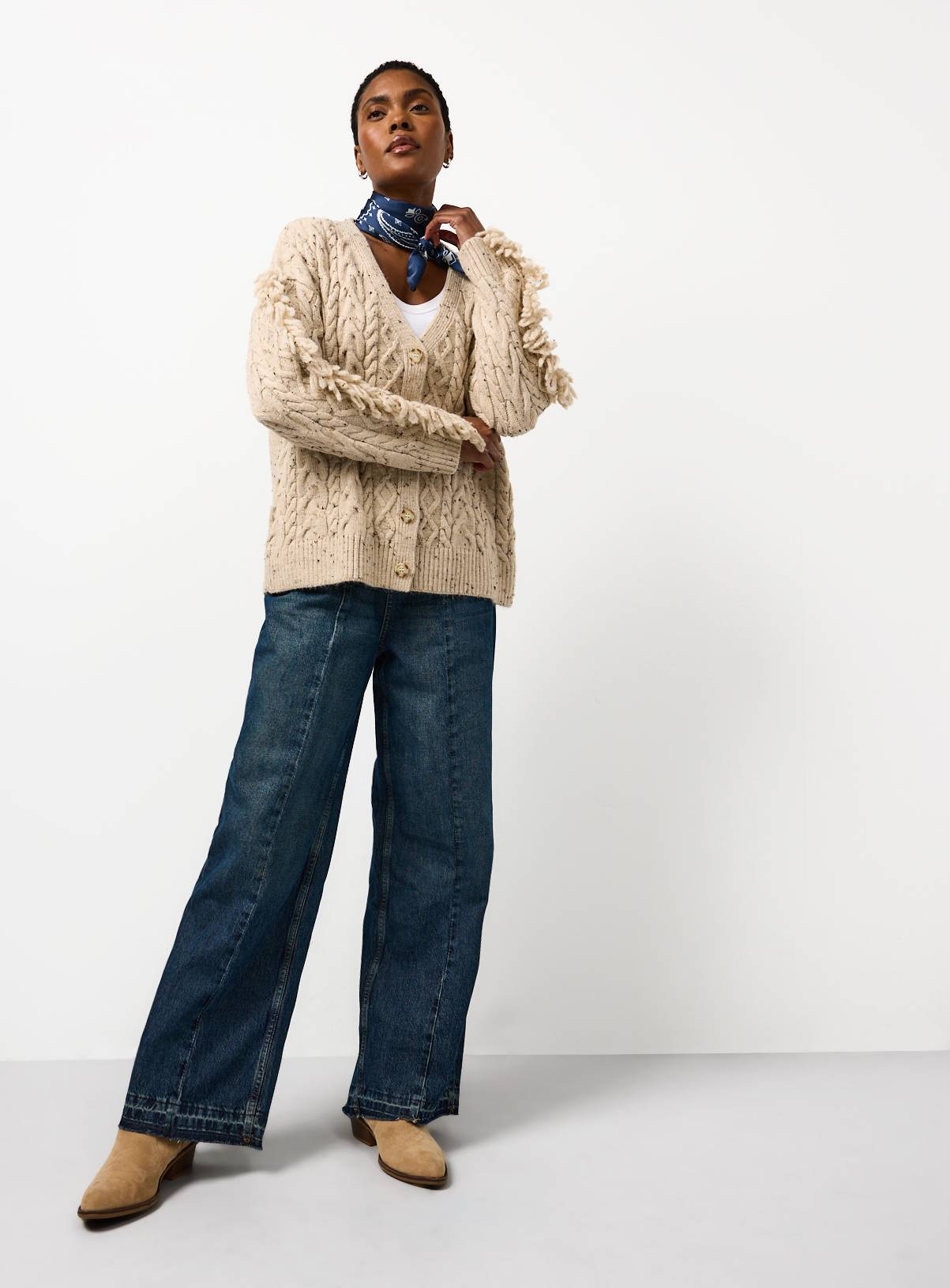 Neutral Fringed Sleeve Knitted Cardigan 10 - Image 3