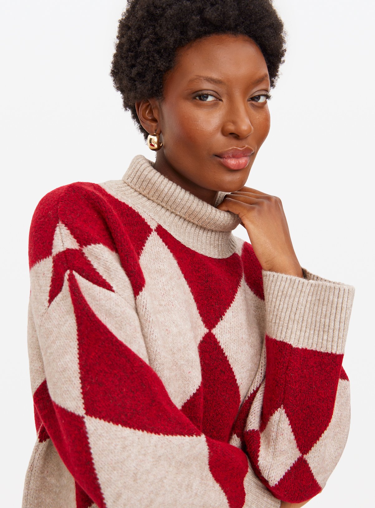 Red And Oatmeal Argyle Knitted Jumper