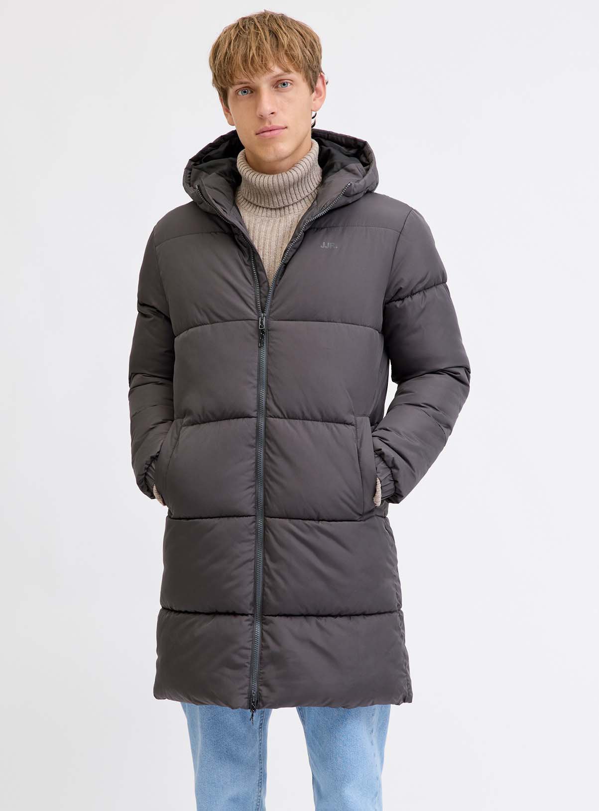 Men's JJ REBEL Rebel Logo Long Puffer Coat Grey