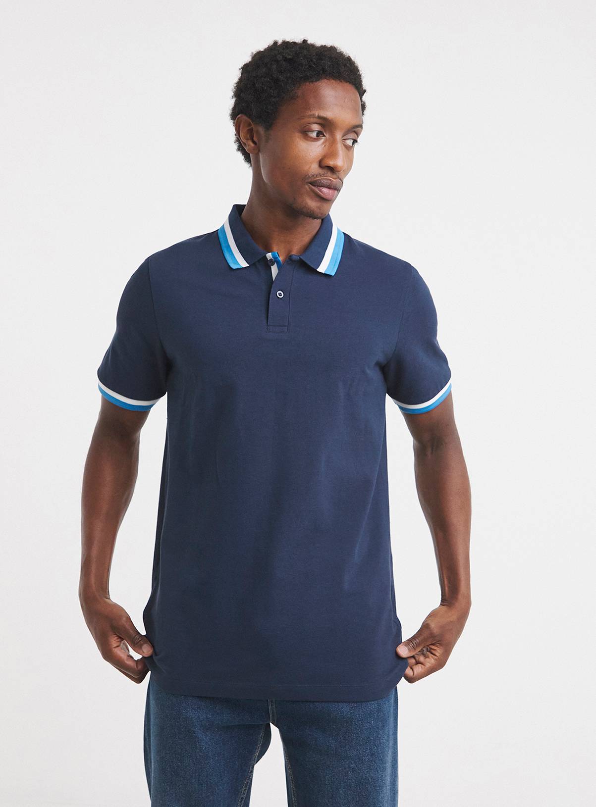JACAMO Tipped Pique Polo Long Length Navy 1XL - Image 1