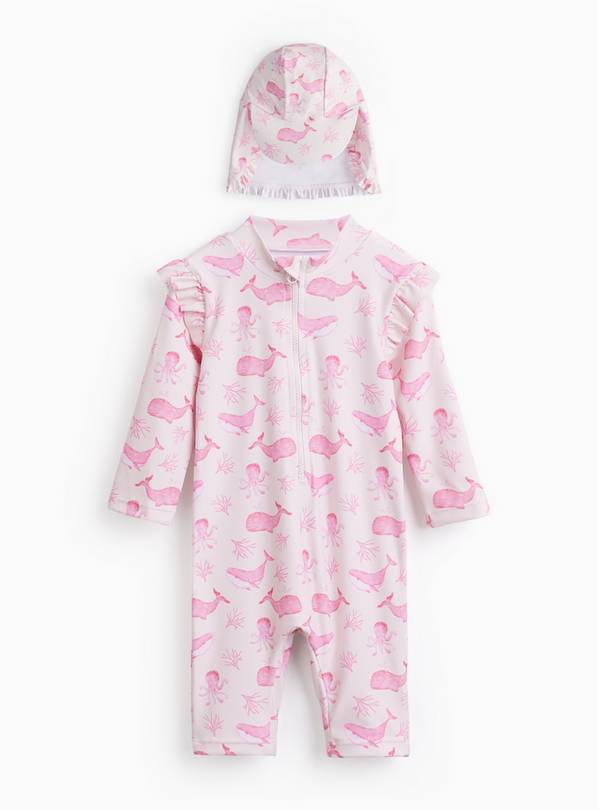 Pink Whale Printed Sunsafe Swimsuit & Keppi Hat 6-9 months