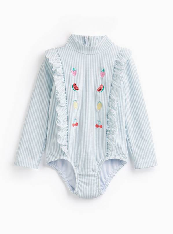 Blue Striped Textured Ruffle Swimsuit 12-18 months