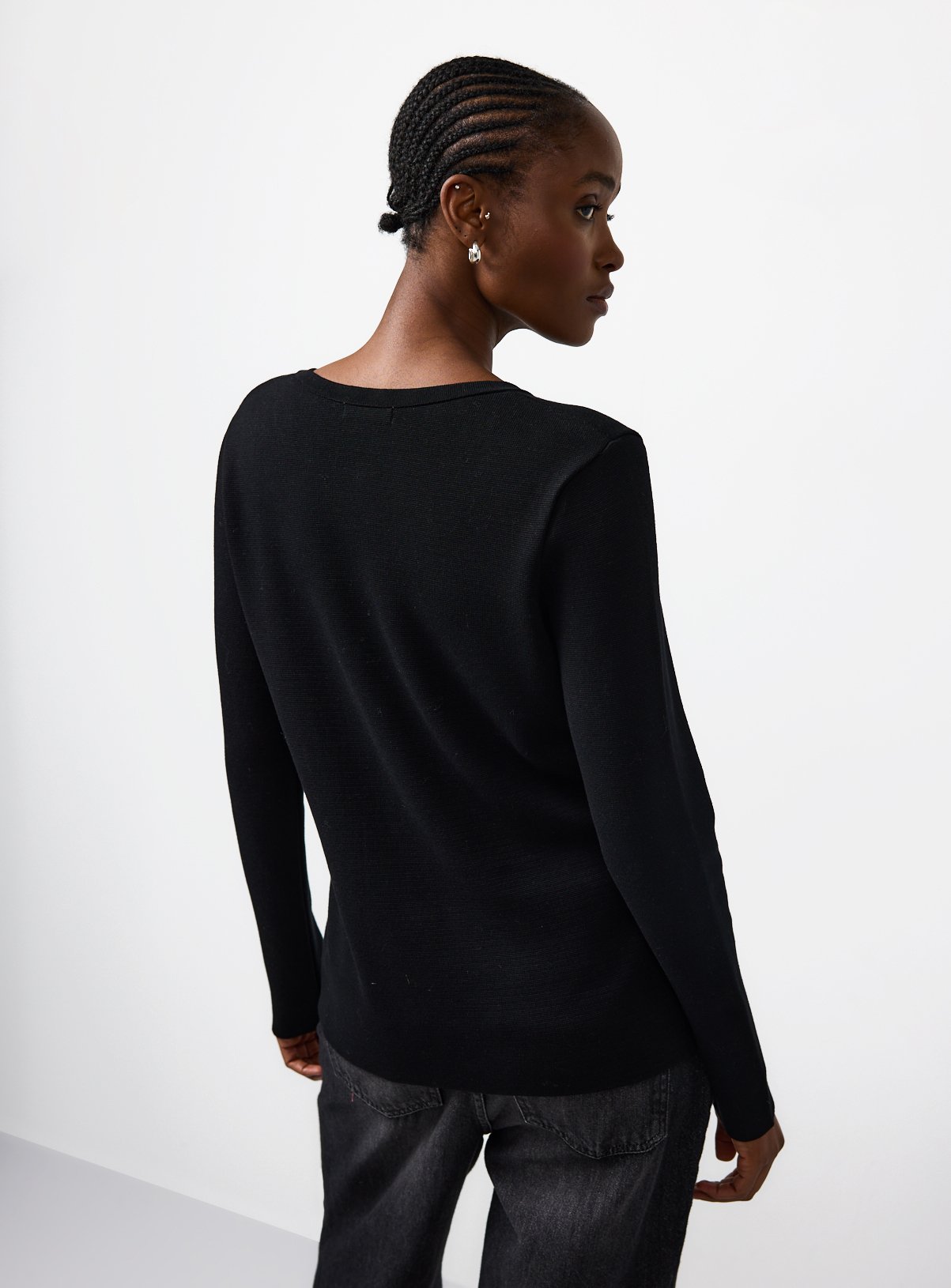 Black Compact Knit Button Long Sleeve Top 6 - Image 4 thumbnail