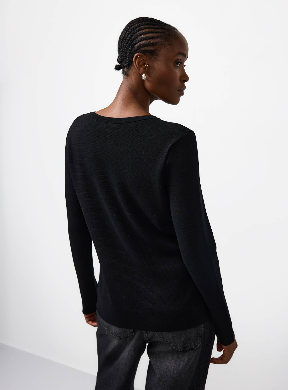 Black Compact Knit Button Long Sleeve Top 6 - Image 4