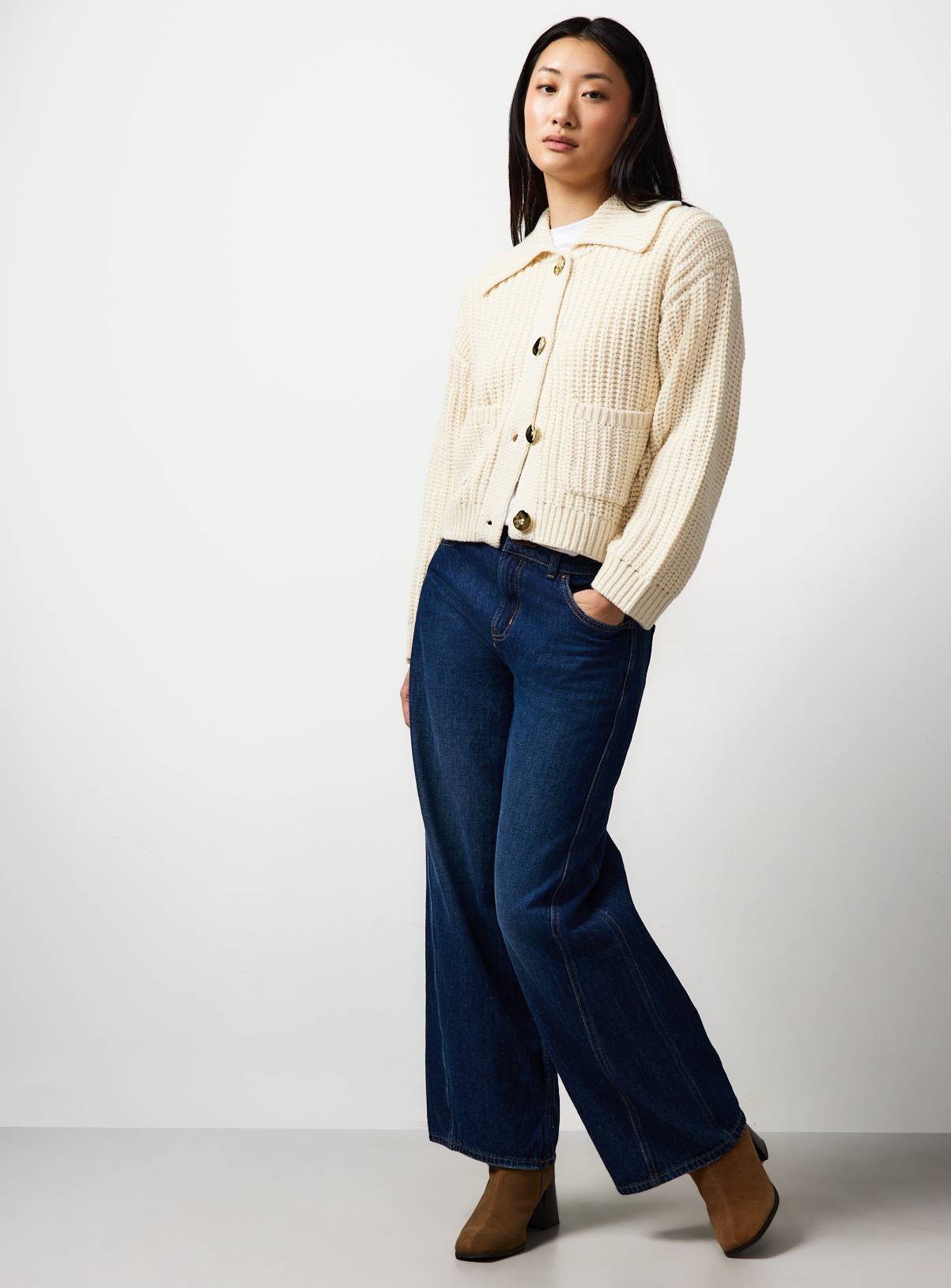 Cream Chunky Gold Button Cardigan M - Image 2