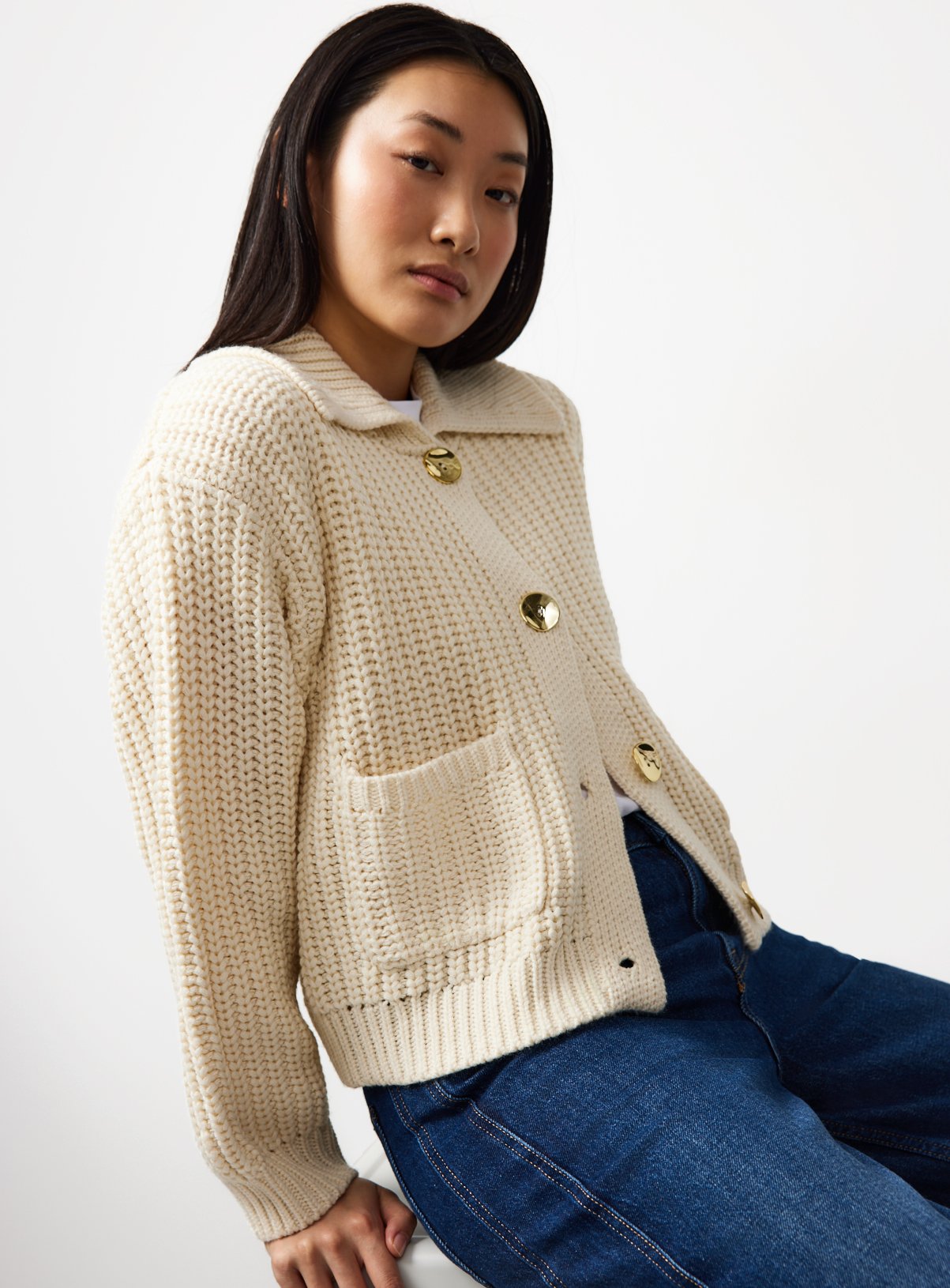 Cream Chunky Gold Button Cardigan M - Image 3 thumbnail