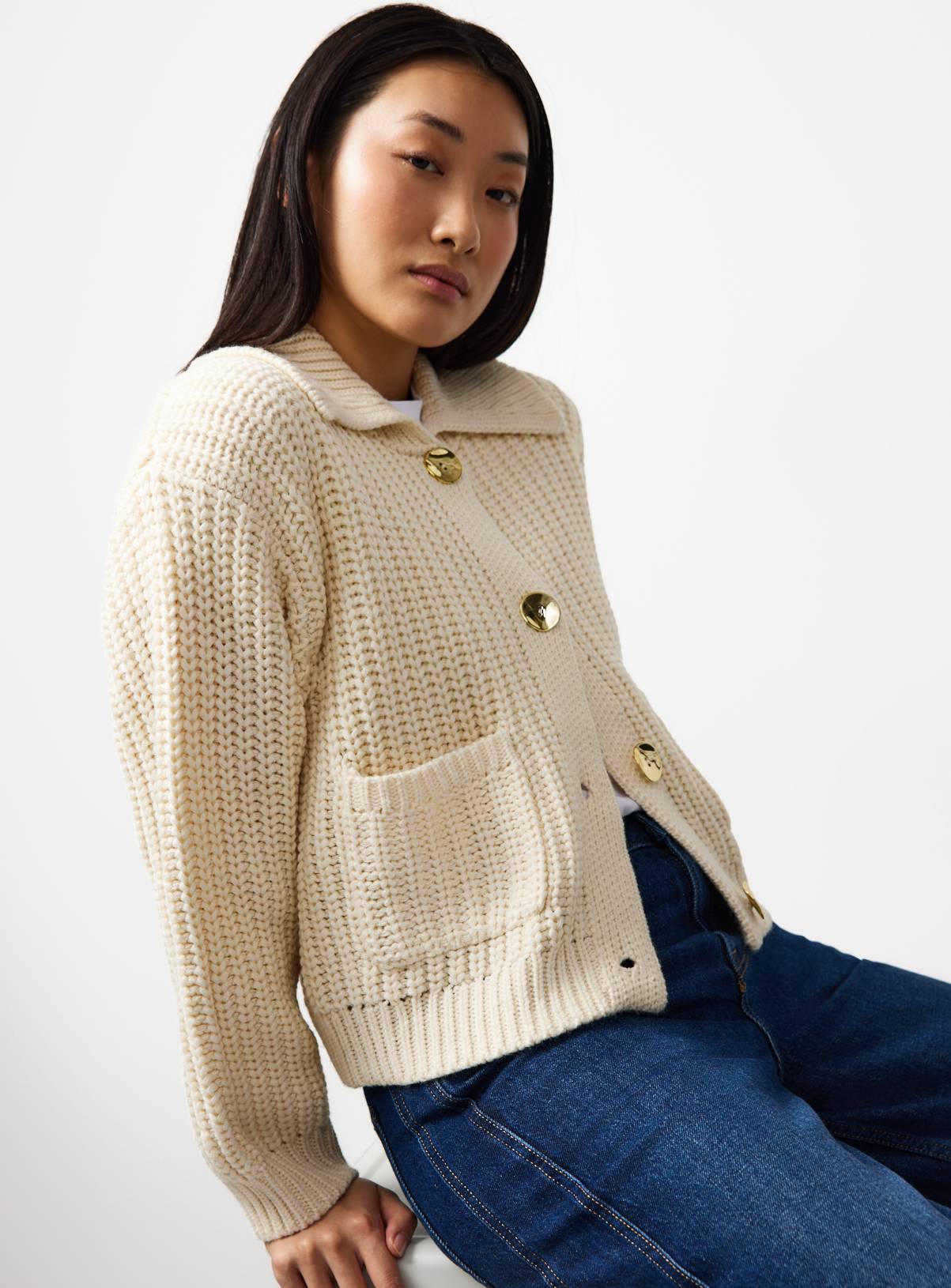 Cream Chunky Gold Button Cardigan M - Image 3