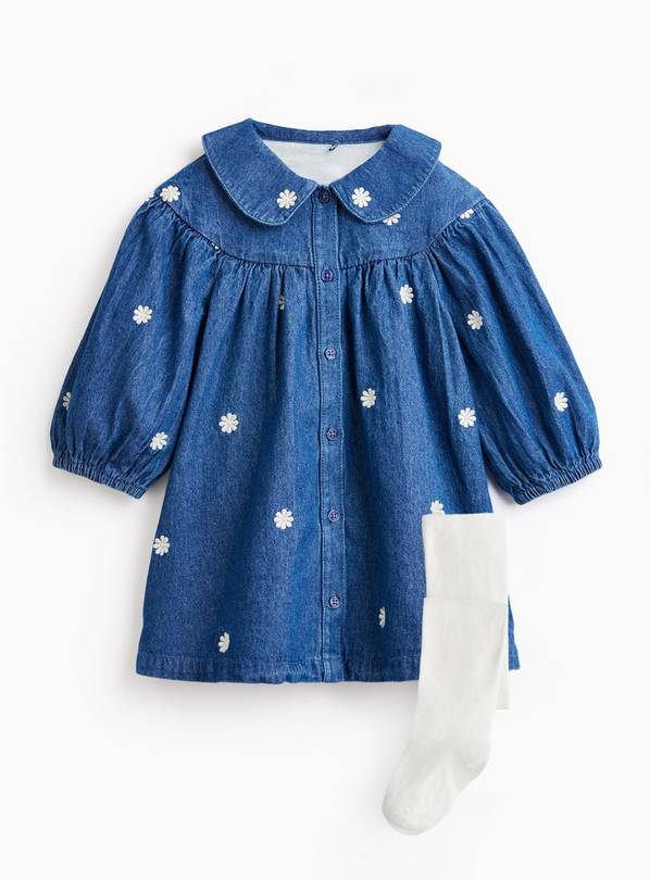 Blue Denim Smock Dress & Tights Set 6-9 months