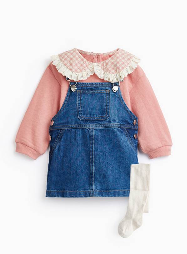 Pink Denim Pinafore 3-Piece Set 12-18 months