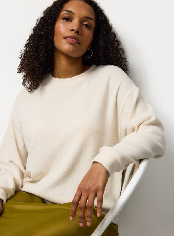 Cream Embellished Soft Touch Crew Jumper L