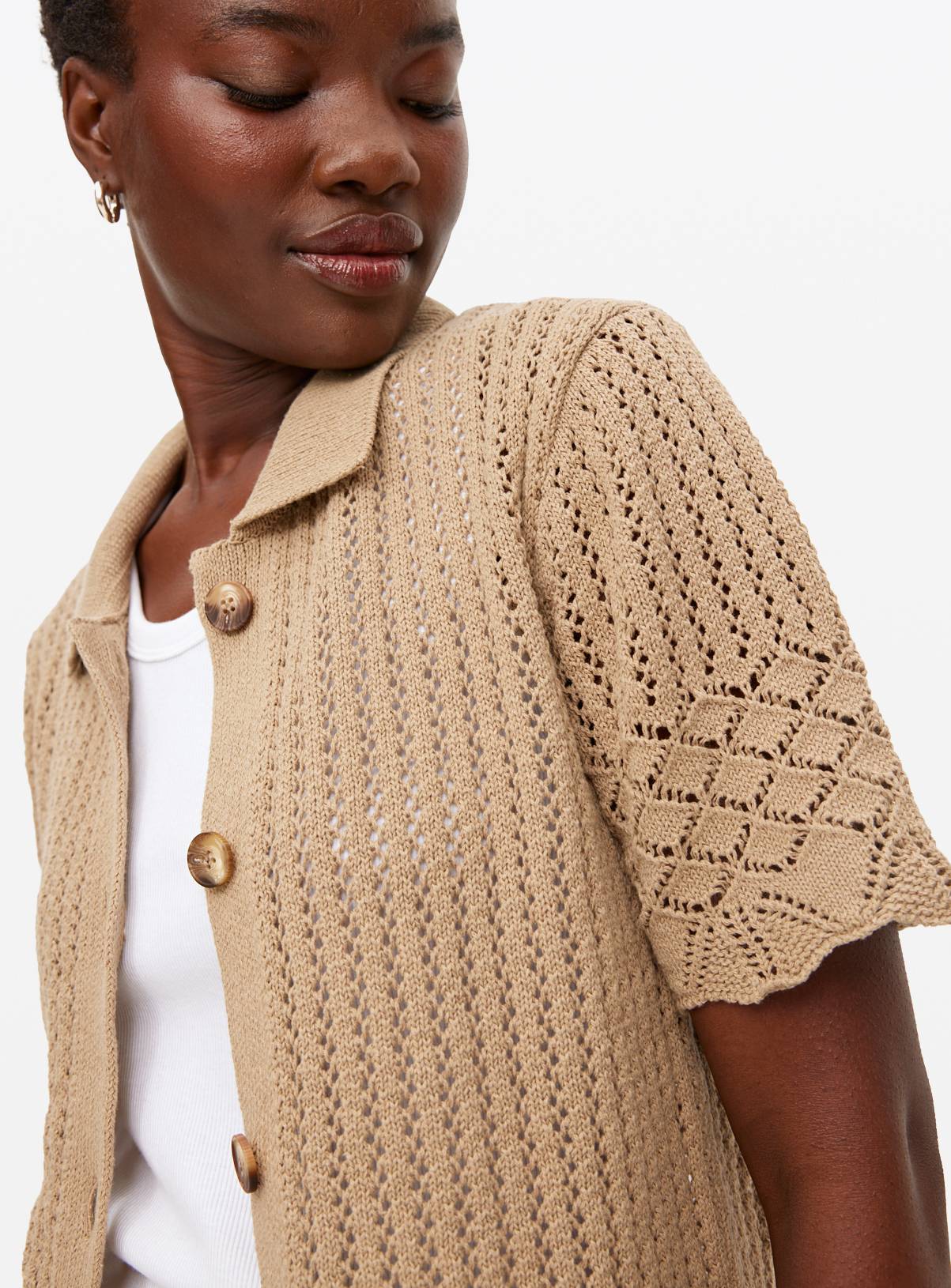 Beige Pointelle Collared Top S - Image 3