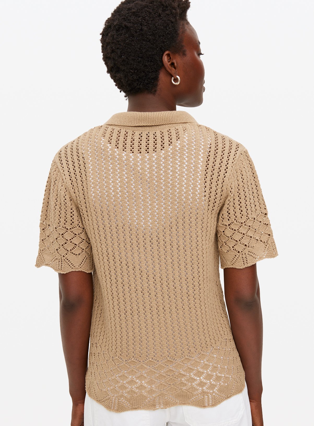 Beige Pointelle Collared Top S - Image 4 thumbnail