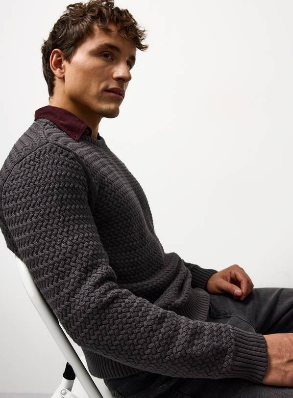 Charcoal Basket Weave Knit Crew Neck Jumper M