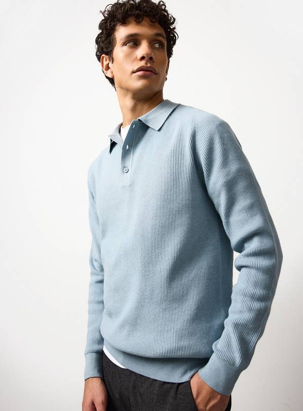 Blue Long Sleeve Ribbed Polo M