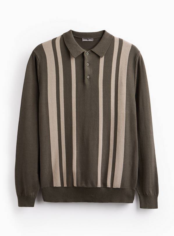 Khaki Striped Long Sleeve Polo L